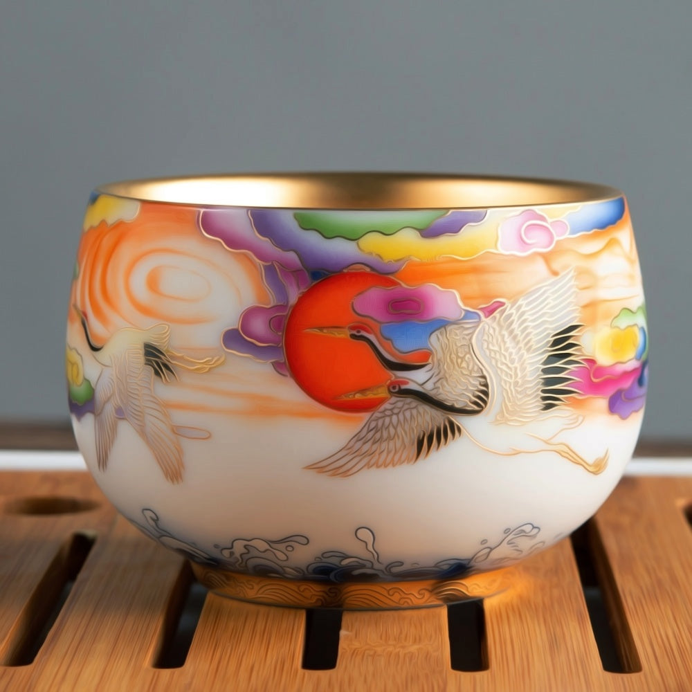 Crane Tea Cup - Mutton Fat Jade Porcelain