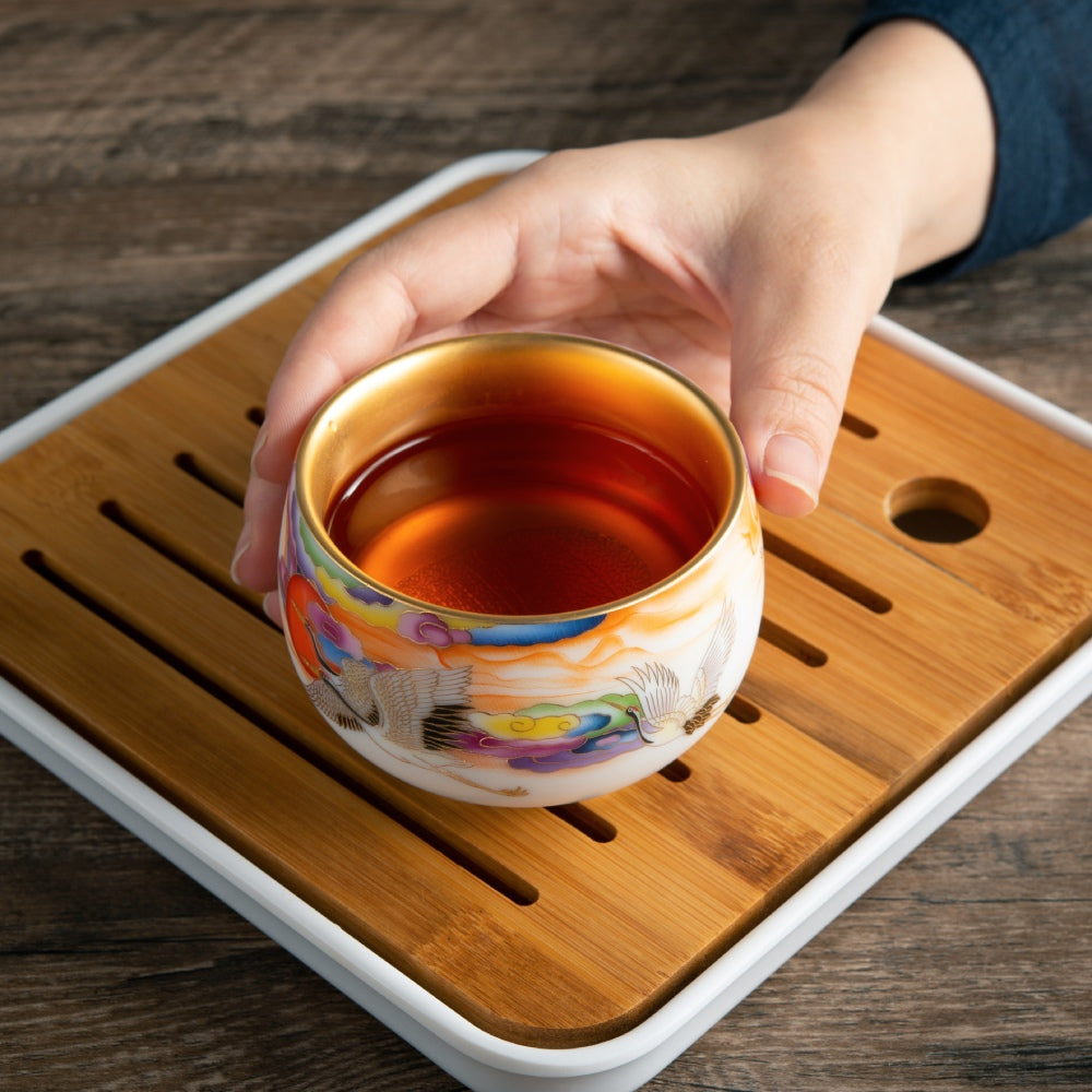 Crane Tea Cup - Mutton Fat Jade Porcelain