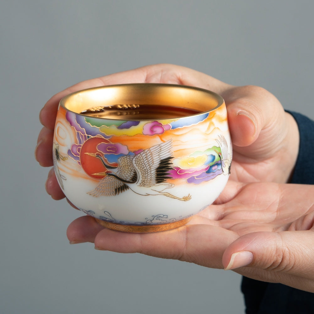 Crane Tea Cup - Mutton Fat Jade Porcelain
