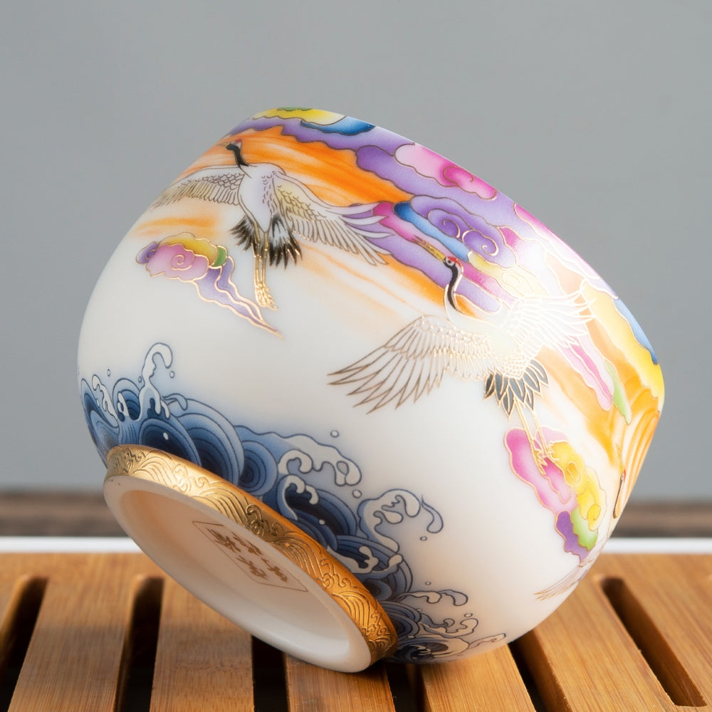 Crane Tea Cup - Mutton Fat Jade Porcelain