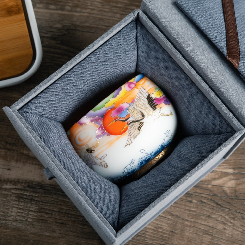 Crane Tea Cup - Mutton Fat Jade Porcelain