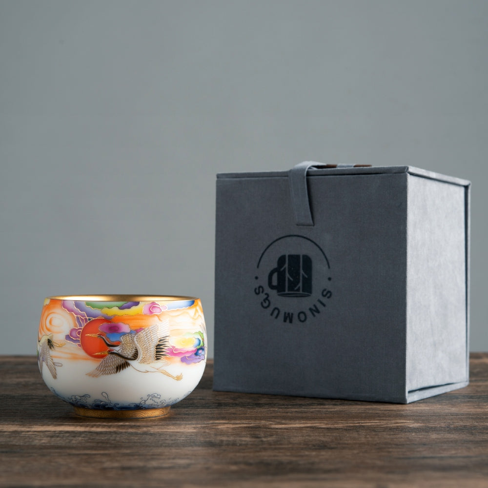 Crane Tea Cup - Mutton Fat Jade Porcelain