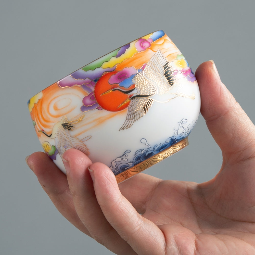 Crane Tea Cup - Mutton Fat Jade Porcelain