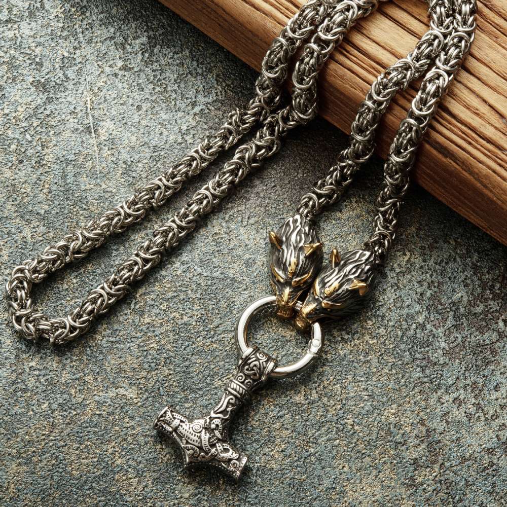 Vikings Wolf Head Mjolnir Byzantine Chain With Stainless Steel Necklace