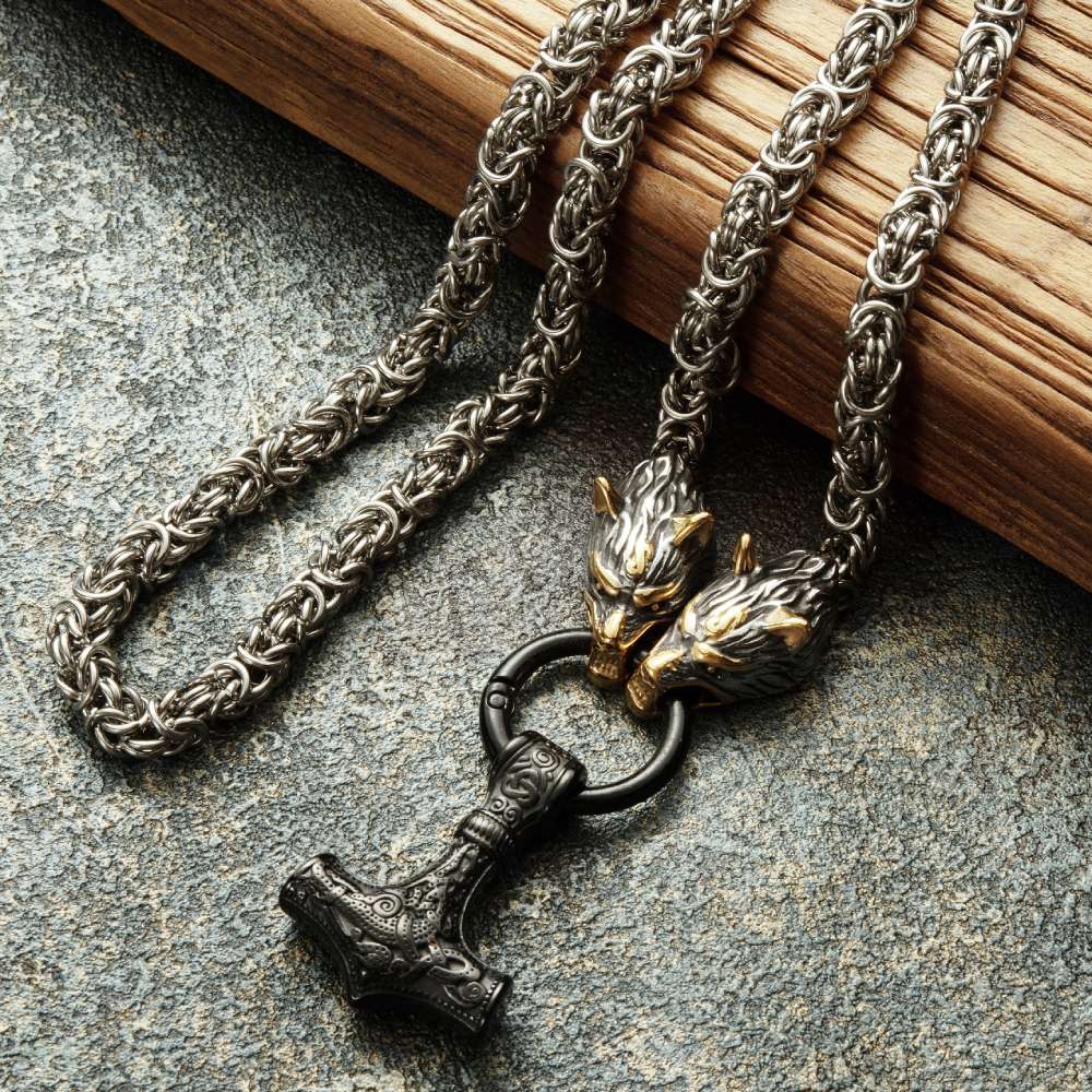 Vikings Wolf Head Mjolnir Byzantine Chain With Stainless Steel Necklace