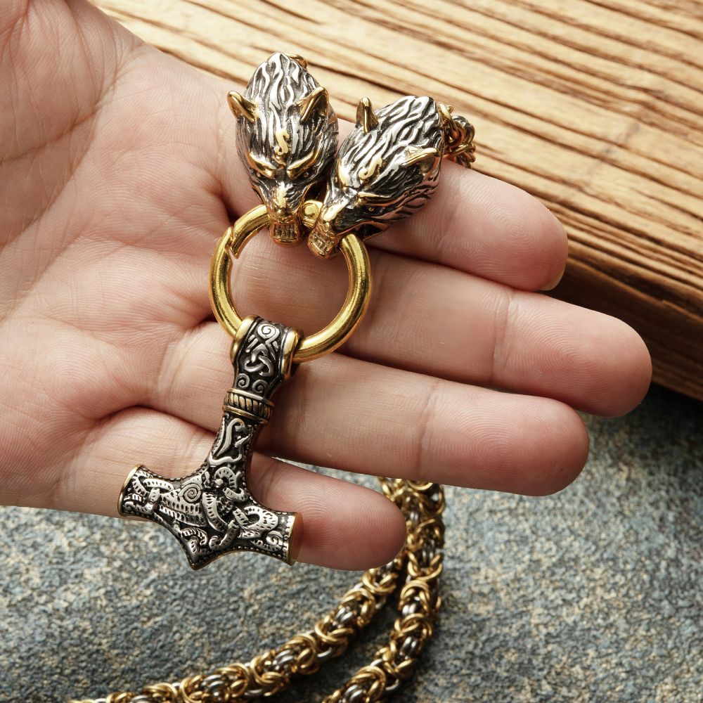 Vikings Wolf Head Mjolnir Byzantine Chain With Stainless Steel Necklace